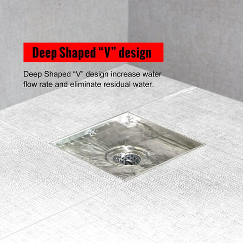 Top Notch 6 Inch Brushed Shower Drain With Full Flange Tile Insert showing deep V design for efficient water flow.