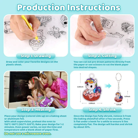 Shrink Art Sheets Kit For Kids With 75 Pre Cut Designs For Instant Fun Easy Coloring And Keychain Making Craft Set No Cutting Needed Diy Craft Project For Boys And Girls Creative Gift Idea, step-by-step instructions