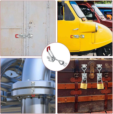 Beefy Heavy Duty Stainless Steel 304 Adjustable Toggle Clamp Catch With Lock Hole on doors and pipes, quick release shown