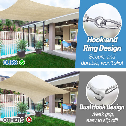 Comparison of 33 Piece Marine Grade Stainless Steel Sun Shade Sail Hardware Kit showing hook designs for secure installation on patio.