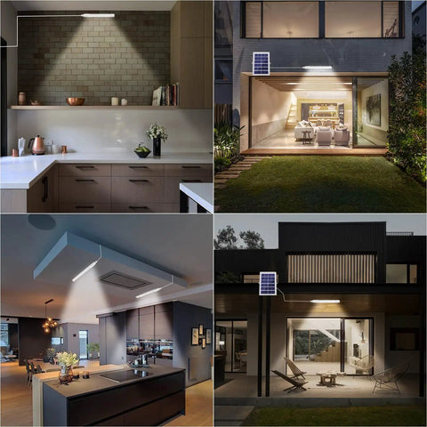 Outdoor Solar Bar Light Kit With Motion Sensor illuminating various indoor and outdoor spaces, showing kitchen and garden areas.