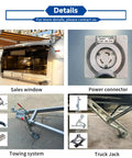 Direct From Yard Aluminum Commercial Food Truck With Dot Certified Mobile Catering Trailer showcasing sales window, power connector, towing system, and truck jack.