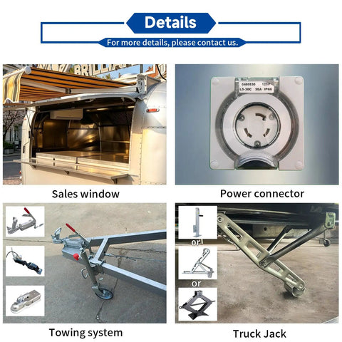 Direct From Yard Aluminum Commercial Food Truck With Dot Certified Mobile Catering Trailer showcasing sales window, power connector, towing system, and truck jack.