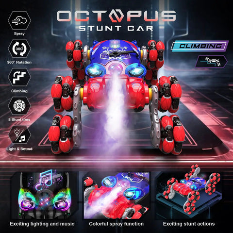 8WD Gesture Sensing RC Car With Spray Lights in action, showcasing 360-degree spins and climbing ability.