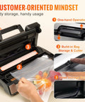Killer Suction 90Kpa Dual Pump Vacuum Sealer Machine Keeps Grub Fresh With Easy Auto And Manual Settings Built In Plastic Bag Cutter And External Hose For Snap Tight Airtight Freezer Storage showing one-hand operation and built-in bag cutter.