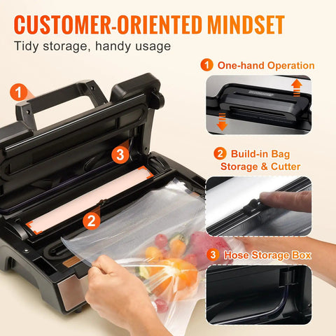 Killer Suction 90Kpa Dual Pump Vacuum Sealer Machine Keeps Grub Fresh With Easy Auto And Manual Settings Built In Plastic Bag Cutter And External Hose For Snap Tight Airtight Freezer Storage showing one-hand operation and built-in bag cutter.