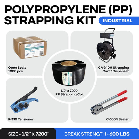 No Gimmicks Heavy Duty Half Inch Polypropylene Strapping Kit With 7200 Ft Roll Rated 600 Lb Break Strength Includes Hand Tensioner And 1000 Open Seals For Tough Pallet Wrapping And Fast Logistics Moves