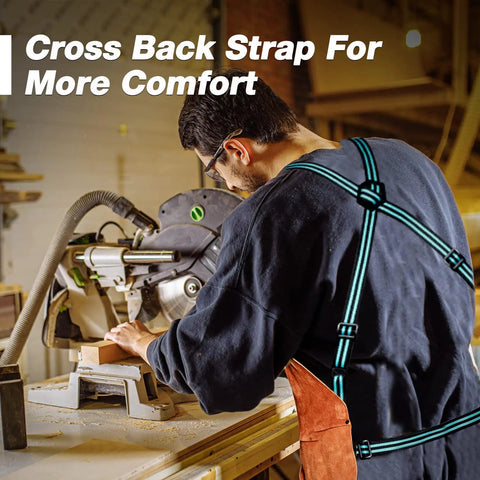Man wearing Leather Welding Apron 23x36 Inches Full Split Cowhide Heavy Duty Work Apron with cross-back strap at workbench