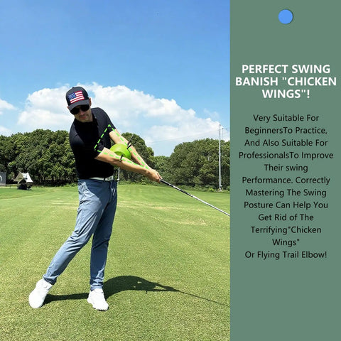 Golfer practicing with Connector Golf Training Aid for swing improvement and posture correction on green field