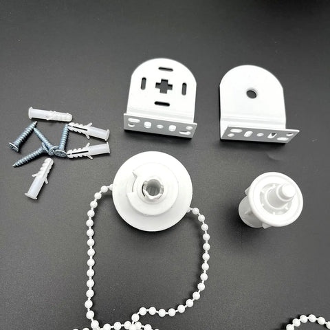 White Durable 32mm Metal Roller Blind Mounting Brackets With Bead Chain Replacement Repair Kit displayed on black background