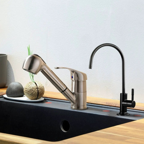 Lead Free Reverse Osmosis Faucet For Countertop Bar Sinks, Oil Rubbed Black Finish, High Arc Spout on wooden countertop
