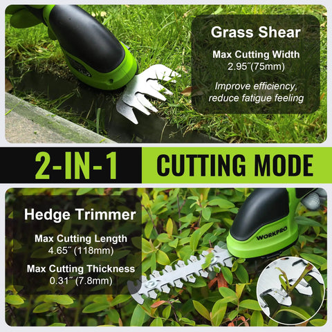 Green 2-In-1 Cordless Grass Shear And Shrub Trimmer For No-Fuss Pruning Of Hedges And Grass showing cutting mode.
