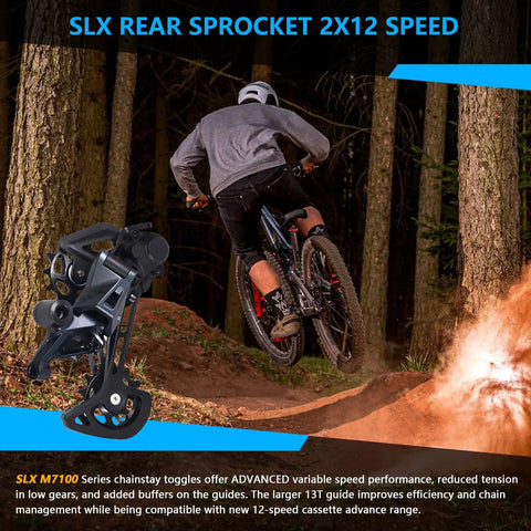 Mountain biker on trail with 12 Speed Rear Derailleur Rd M7120 SGS, showing direct mount cushioned pads and 13T pulley wheel.