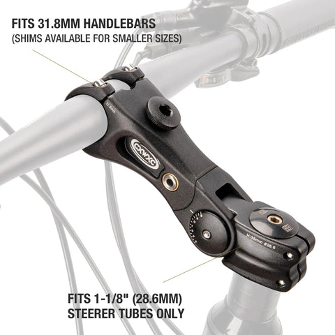 Close-up view of Suspension Bike Stem Riser For Handlebar 100mm And 135mm Adjustable 31.8mm Clamp on bicycle handlebars.