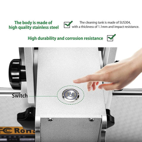 Knockout 6L Digital Ultrasonic Cleaner For Vinyl Records And Compact Discs With Digital Timer And Built In Heater No Sweat Care For Circuit Boards Lab Supplies And Machine Tools At 110V, stainless steel body and switch detail.