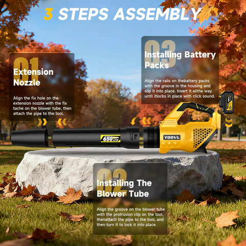 Cordless Leaf Blower With 650 CFM Boost, Two 5.2Ah Batteries And Charger on stone with autumn leaves