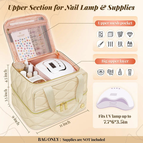 Beige Two Layer Nail Polish Organizer Case That Holds 42 Plus 15ml Bottles, compartments for nail supplies and UV lamp.