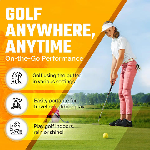 Young golfer using Adjustable Kids Putter With Extendable Shaft 17 To 35 Inches Right Handed Youth Golf Training Club on green