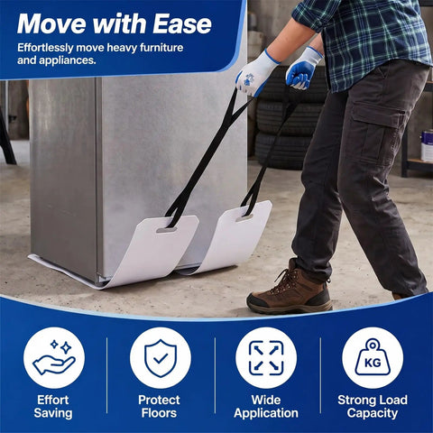 Heavy Duty Furniture Sliders For Moving Appliances Includes Reinforced Pull Straps and Protective Work Gloves under a fridge on concrete floor.