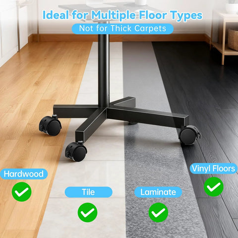 TV stand caster wheels: four black 2-inch swivel wheels with M8 threaded stems and locking brakes, front view