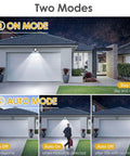 Battery Powered Outdoor Motion Sensor Wall Light, Wireless LED Night Light With Auto On Off, Waterproof, 6000K Cool White, 100 Lumen, Easy Install, 2 Pack For Porch Garden Entry shown in two modes on garage exterior.