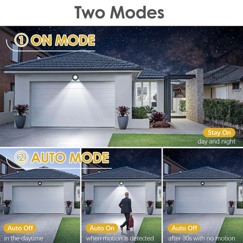 Battery Powered Outdoor Motion Sensor Wall Light, Wireless LED Night Light With Auto On Off, Waterproof, 6000K Cool White, 100 Lumen, Easy Install, 2 Pack For Porch Garden Entry shown in two modes on garage exterior.