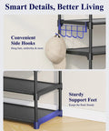 Go-To Heavy Duty 10 Tier Shoe Rack, showing side hooks for hats and sturdy support feet, matte black finish, organized entryway storage.