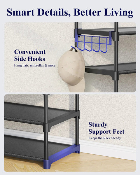 Go-To Heavy Duty 10 Tier Shoe Rack, showing side hooks for hats and sturdy support feet, matte black finish, organized entryway storage.