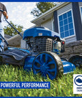 21 Inch 3 In 1 Self Propelled Gas Lawn Mower With 200cc OHV Engine Kickin Power Through Thick Grass Wet Yards And Uneven Terrain Mulch Bag Side Discharge For Easy Cleanup, blue steel deck