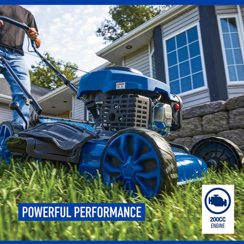 21 Inch 3 In 1 Self Propelled Gas Lawn Mower With 200cc OHV Engine Kickin Power Through Thick Grass Wet Yards And Uneven Terrain Mulch Bag Side Discharge For Easy Cleanup, blue steel deck