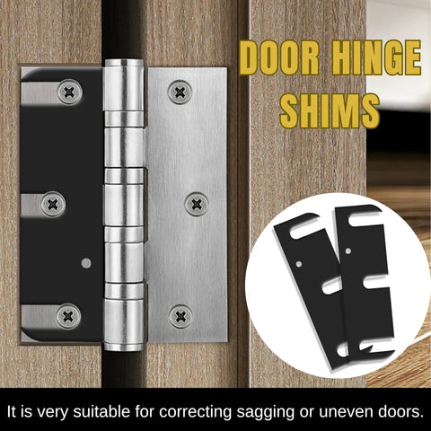 12 Pack Door Hinge Shims 1/32 Inch Thick Metal C Slot For Fixing Sagging Doors And Uneven Gaps, shown installed on a hinge