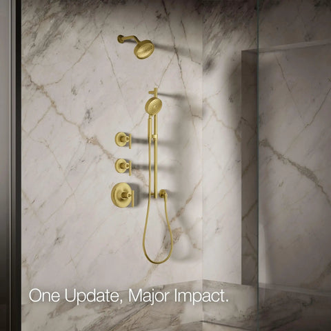 Purist Single Function Shower Head 1.75 GPM Vibrant Brushed Moderne Brass Finish on marble wall