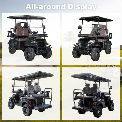 All-around display of Sleek Black 4-Seater Electric Golf Cart With Raised Stance, Heavy Duty Shocks, showing front and back views.
