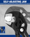 Close-up of two piece pliers wrench and groove joint pliers set with quick adjustment, CR-V steel construction, smooth jaw.