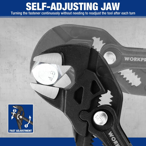 Close-up of two piece pliers wrench and groove joint pliers set with quick adjustment, CR-V steel construction, smooth jaw.