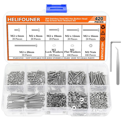 Hella Durable 304 Stainless Steel M2 Screw Set With 420 Pieces Assorted Hex Button Head Cap Bolts Nuts And Washers From 6mm To 20mm in organized kit.