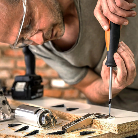 Person using a screwdriver with black screws and 15 Piece Wood Anchor Repair Kit For Stripped Screw Holes In Wood Doors And Furniture Fits Screws Size 2 To 16 Black Quick Fix For Hinge And Fixture Holes on a wooden surface. Focus on repair process.