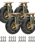 Heavy Duty 8 Inch And 10 Inch Pneumatic Rubber Caster Wheel Set Of 4 Slick Rollin Swivel Casters with brake mounts and bolts.