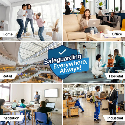 Collage showing air filter applications in home, office, retail, hospital, institution, and industrial settings with 'Safeguarding Everywhere, Always!' text.