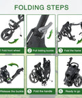 Folding steps for 3 Wheel Foldable Golf Push Cart Ultra Lightweight Go-To On The Green Sidekick with compact fold instructions.