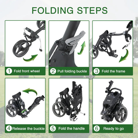 Folding steps for 3 Wheel Foldable Golf Push Cart Ultra Lightweight Go-To On The Green Sidekick with compact fold instructions.