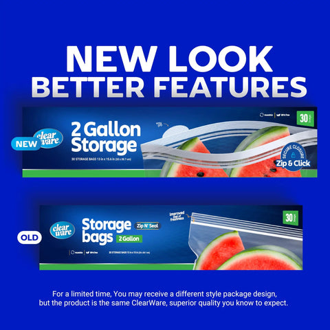 New and old packaging of 2 Gallon Storage Bags With Double Zipper Seal 60 Count Thick Resealable BPA Free Plastic Food Storage Bags