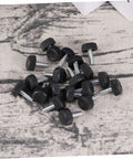20 Pc Adjustable Furniture Feet With Threaded Plastic Glides No Sweat Setup showing black threaded glides on a surface.
