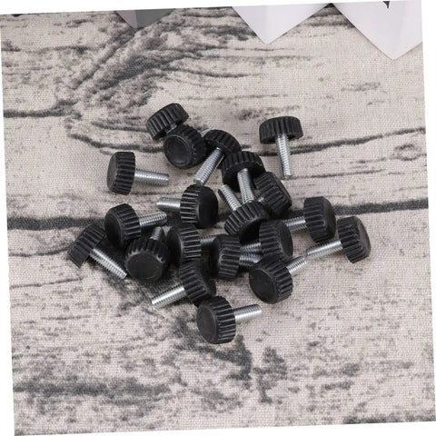 20 Pc Adjustable Furniture Feet With Threaded Plastic Glides No Sweat Setup showing black threaded glides on a surface.