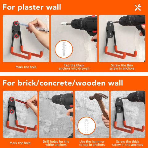 42 Pack Heavy Duty Wall Mount Garage Hooks With Tough As Nails Alloy Steel Build Non Slip PVC Coated Rust Resistant For Tool Setup In Garage Yard And Shop And More Gear, wall install steps