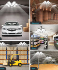 Ultra Bright 200W LED Garage Light With 20000 Lumens 6500K Daylight 7 In 1 Adjustable Panels illuminating garage, basement, shop, warehouse, and barn.