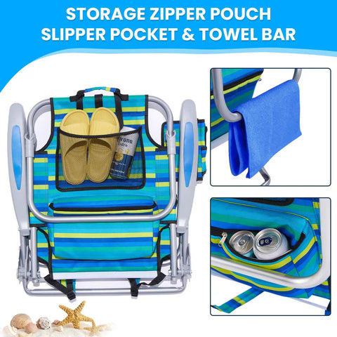 Folding Portable Beach Chair For Adults With 5 Position Recline And Lay Flat Option Headrest And Cup Holder 350 Lb Capacity