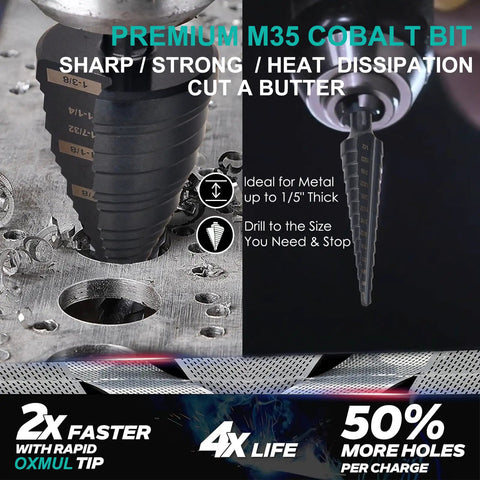M35 Cobalt Step Drill Bit Set One Eighth Inch To One Half Inch With Thirteen Steps One Quarter Inch Hex Shank Heavy Duty For Stainless Steel