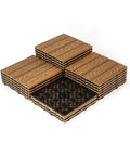 Stack of Interlocking Wood Plastic Composite Deck Tiles 12x12 Inches for indoor outdoor use, showing khaki 3D finish and bottom grid pattern.