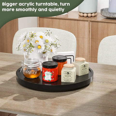 Your Go To Non Skid Bamboo Lazy Susan Turntable For Kitchen Countertops And Tables 13.2 Inch Wood Organizer In Black displaying jars